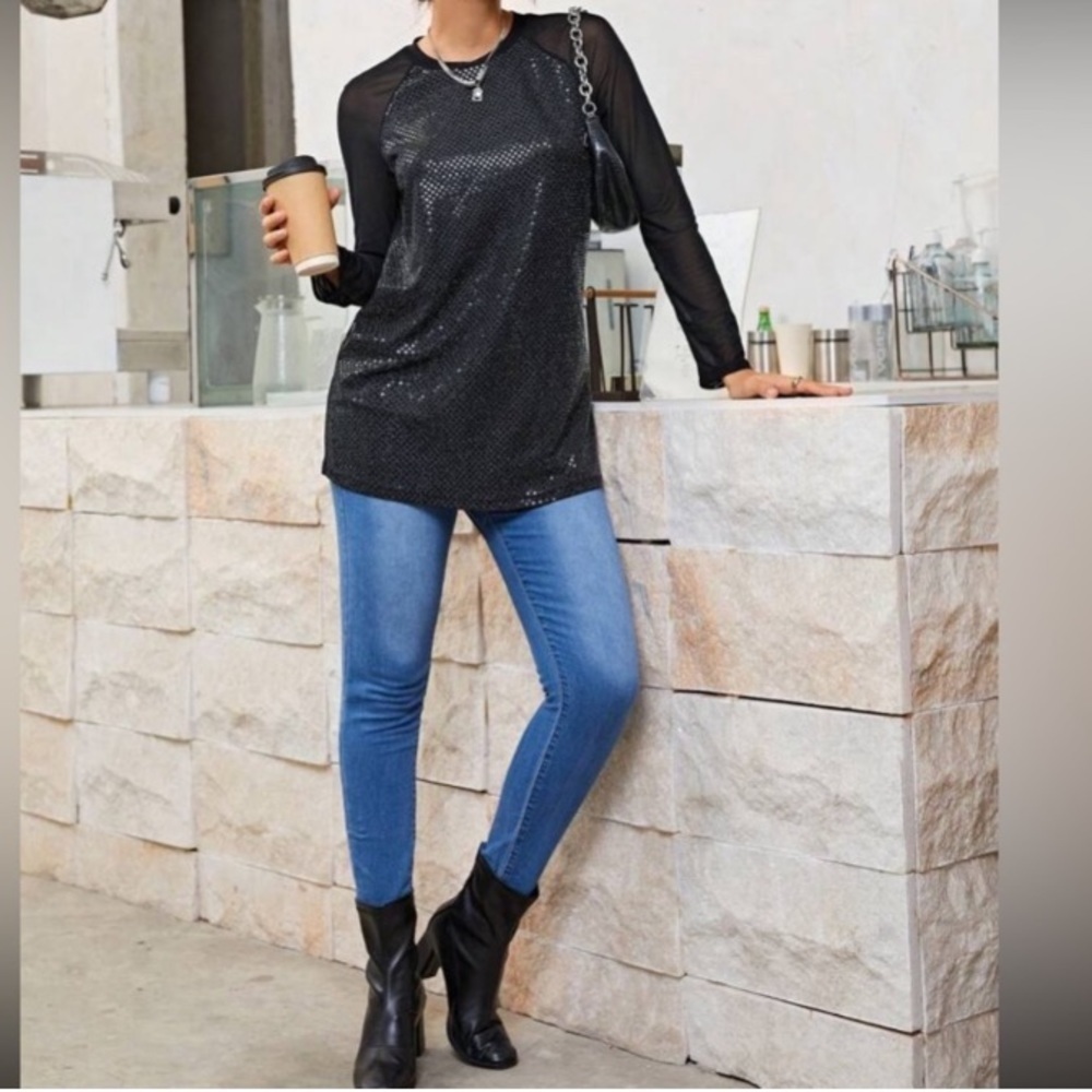 SHEINNeu Contrast Mesh Raglan Sleeve Sequin Top size XS new - Picture 8 of 12